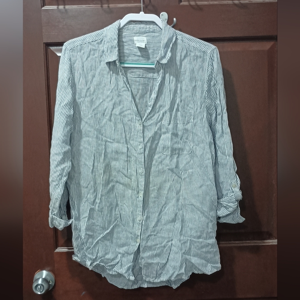 Sigrid Olsen 100% Linen Blue White Striped Button Up Shirt Size M